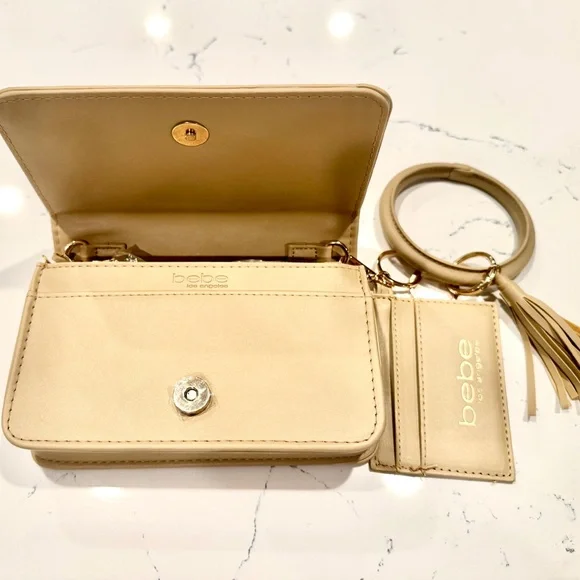 Bebe Cream Small Crossbody Bag with Gold Chain, Card Case and Wristlet NWT - Picture 7 of 11